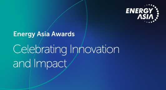 A blue and green background with the Energy Asia logo text 'Celebrating Innovation and Impact at the Energy Asia awards'.
