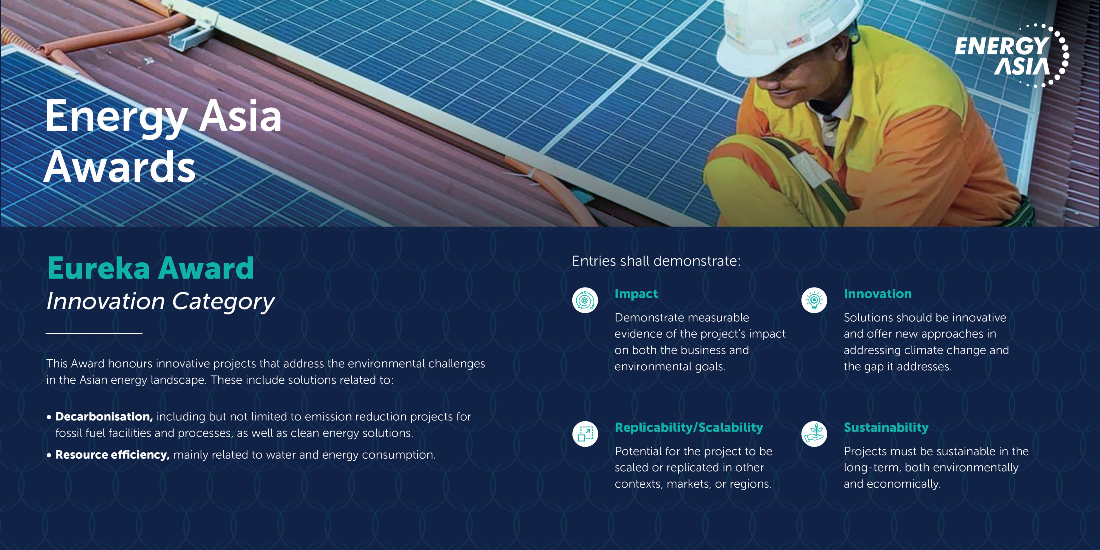 An engineer attends to solar panels on a roof, with details of Energy Asia Awards highlighted below.