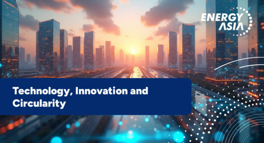 A scenic sunset view of high rise building with the words 'Technology, Innovation and Circularity' imposed on top.