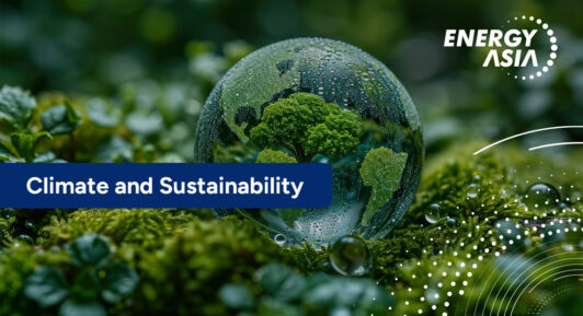 Glass globe on moss symbolizing climate action and sustainability – Energy Asia.